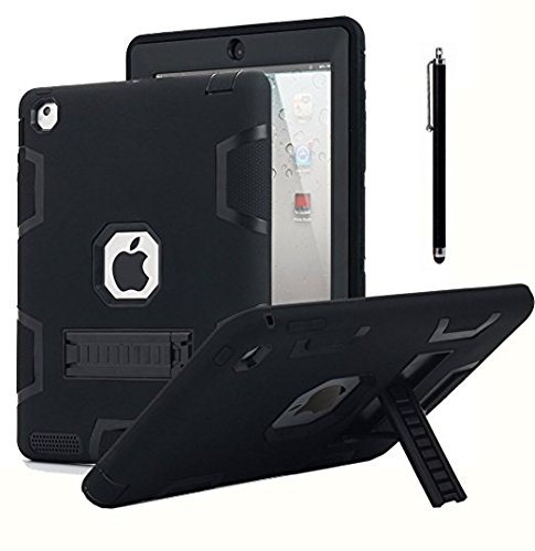 iPad 2 Case,iPad 3 Case,iPad 4 Case,AICase Kickstand Shockproof Heavy Duty Rubber High Impact Resistant Rugged Hybrid Three Layer Armor Protective Case with Stylus for iPad 2/3/4(Black)