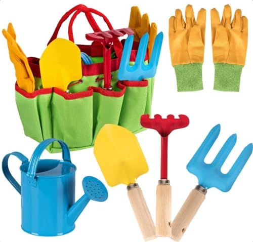 Little Gardener Tool Set with Garden Tools Bag for Kids Gardening - Kit Includes Watering Can, Gloves, Shovel, Rake, Fork and Tote Bag- All in One Kit