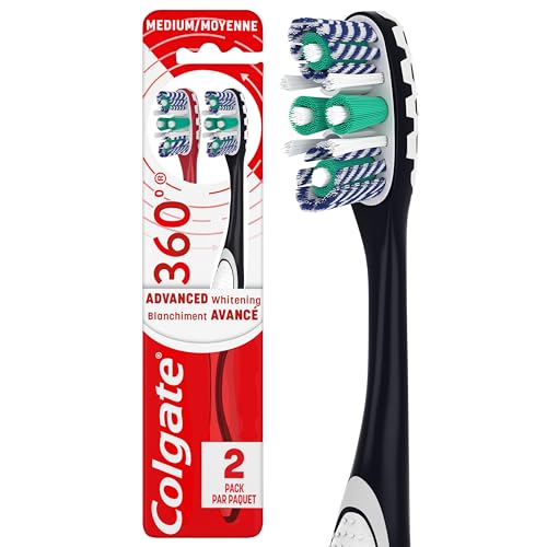 Colgate 360 Optic White Advanced Toothbrush, Medium Toothbrush for Adults,2 Count (Pack of 1)