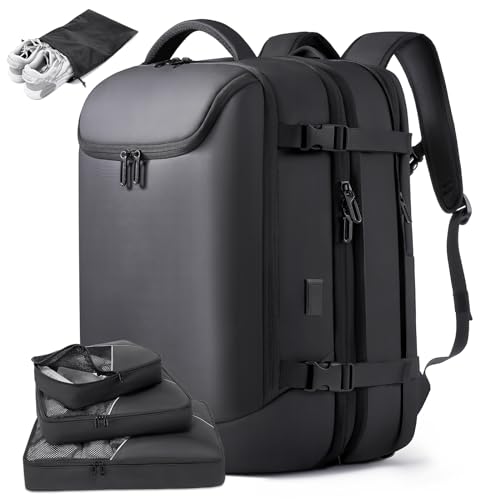 TANGCORLE 50L Carry on Travel Backpack, Expandable Airline Approved Backpacks with 3 Packing Cubes Fit 17.3 inch Laptop Suitcase backpack for Men Women(Black)