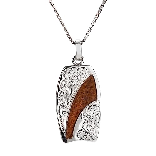 925 Sterling Silver Natural Koa Wood Hawaiian Surfboard Necklace Pendant, Nickle Free Hypoallergenic for Sensitive Skin, Heirloom Scroll Hibiscus Flower Wave, with 18' Box Chain (Bodyboard Heirloom)
