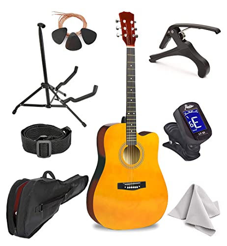Master-play Beginner Full Size 41” Wood Cutaway All String Acoustic Guitar, With Bonus Accessories Kit; Case, Strap, Capo, Extra Strings, Picks, Tuner, Wash Cloth, Stand (Wood)
