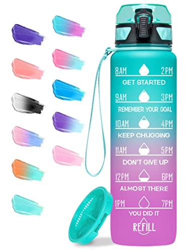 Elvira 32oz Motivational Fitness Sports Water Bottle with Time Marker & Removable Strainer,Fast Flow,Flip Top Leakproof Durable BPA Free Non-Toxic-Green/Purple Gradient