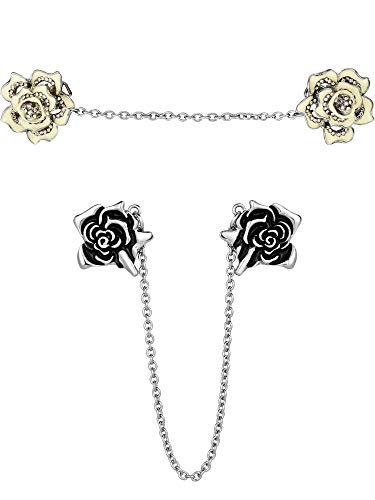 GEJOY 2 Pieces Rose Sweater Shawl Clips Cardigan Dresses Clip Flowers Collar Clip with Chain for Women Girls (Style Set 2)