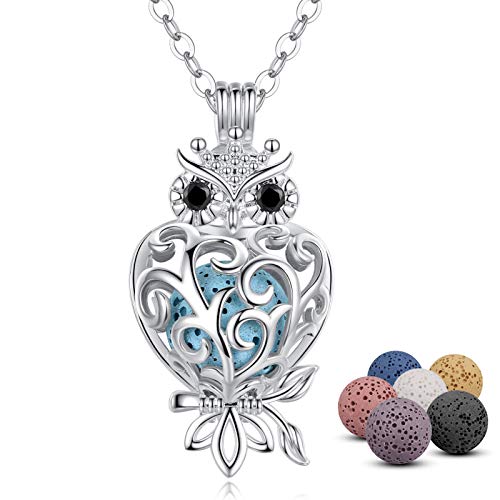 INFUSEU Owl Necklaces for Women Aromatherapy Essential Oil Diffuser Jewelry Lava Rock Stone Pendant Spiritual Animal Items Unique Aroma Perfume Gifts for Owl Lovers Meditation Yoga