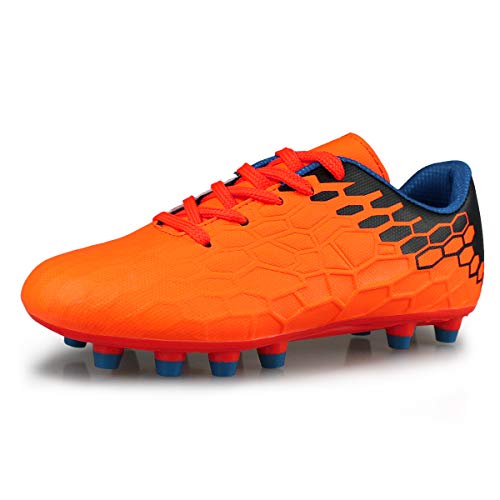 Hawkwell Boys Girls Outdoor Firm Ground Soccer Shoes, Orange PU, 11 M US