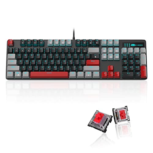 MageGee Mechanical Gaming Keyboard, 104 Keys Blue Backlit Keyboard with Red Switches Double-Shot Keycaps, USB Wired Mechanical Computer Keyboard for Laptop, Desktop, PC Gamers(Gray & Black)