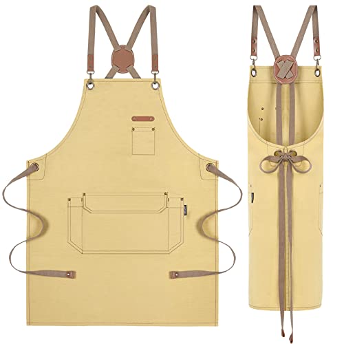 RockyToy Chef Apron with Cross Back Straps for Men Women, Cotton Canvas Apron for Artists Painting, Kitchen Cooking, Light Yellow
