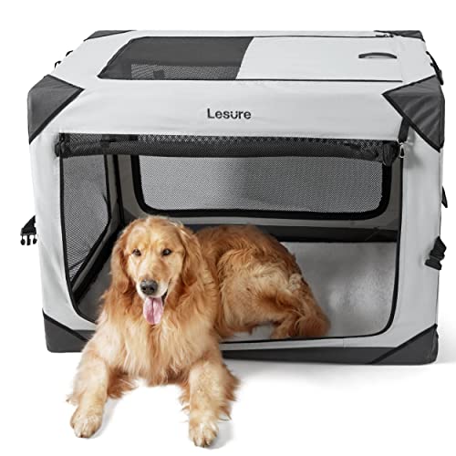Lesure Collapsible Dog Crate - Portable Dog Travel Crate Kennel for Extra Large Dog, 4-Door Pet Crate with Durable Mesh Windows, Indoor & Outdoor (Light Gray)