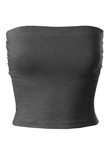 MixMatchy Women's Solid Casual Summer Side Shirring Scrunched Double Layered Tube Top Charcoal L