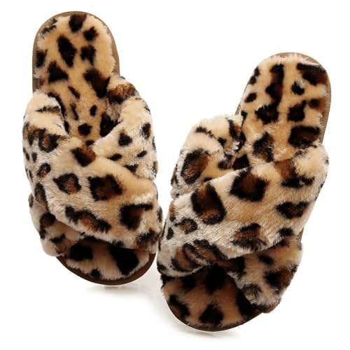 Crazy Lady Women's Fuzzy Fluffy House Slippers Cute Plush Memory Foam Shoes Cross Band Indoor Outdoor Open Toe Sandals(06/Coffee,Leopard 8.5-9.5)