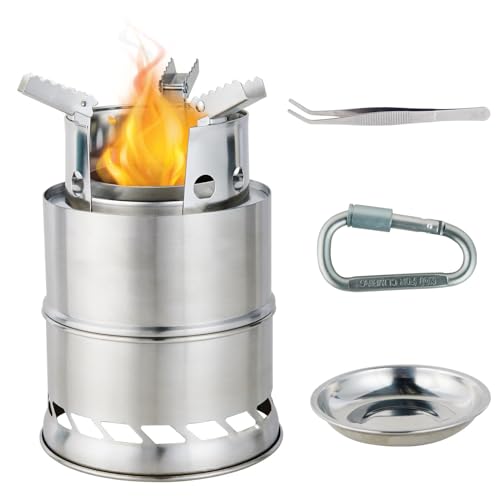 MEETSUN Mini Portable Wood Burning Stove with BBQ Grill,Camping Hiking Stove,Foldable Stainless Steel Backpacking Stove,Backpacking Survival Stove,Solid Alcohol stove for Camping Hiking Picnic Outdoor