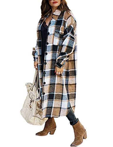 UANEO Plaid Coat Women Button Down Long Plaid Jacket Fall Flannel Trench Coat (Khaki-L)