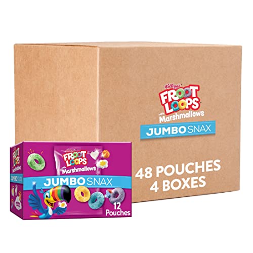 Kellogg's Jumbo Snax Froot Loops Cereal Snacks, Lunch Box Snacks, Fruit Flavored, Original with Marshmallows (4 Boxes, 48 Pouches)