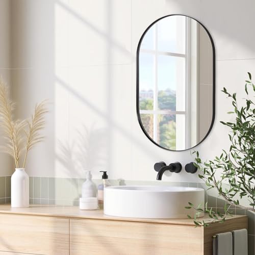 ANDY STAR Black Oval Mirror, 20x33’’ Oval Mirrors for Bathroom, Pill Shaped Mirror, Black Mirror Vanity, Modern Oval Black Mirror for Bathroom Stainless Steel Metal Framed Wall-Mounted Mirrors