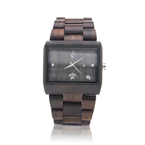 BEAN & VANILLA Wooden Wrist Watch for Men - Rectangular Shape Natural Black Sandalwood/Sapphire Crystal Dial Window/Wood Watch Band/Analog Japan Movement - Includes Logo Stamped Box