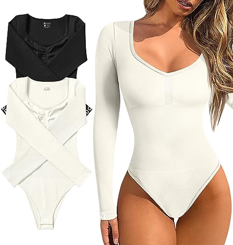 OQQ Bodysuits for Women 2 Piece Sexy Ribbed Long Sleeve Tummy Control Tops Bodysuits Black Beige