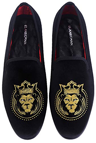 ELANROMAN Gold Loafers Men Vintage Velvet Embroidery Noble Slip-on Smoking Wedding Party Shoes Black US 11