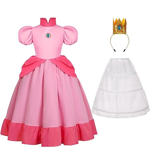 Nuehoryu Super Brothers Peach Costume for Girls Princess Dress with Crown Halloween Party Outfit Pink 7-8 Years