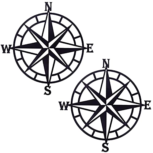 ESTART 11 Inches Metal Decorative Nautical Compass Wall Decor, Living Room Bedroom Office Porch Garden Patio Signs Wall Hanging Art Beach Theme Home Decoration, 2 PCS (black*2)