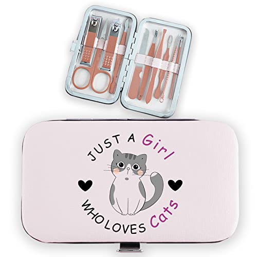 Cat Gifts for Cat Lovers 10pcs Tools Women Travel Manicure Pedicure Grooming Set Rose Gold Just a Girl Who Loves Cats Birthday Christmas Thanksgiving Gifts for Sister Daughter Granddaughter Friends