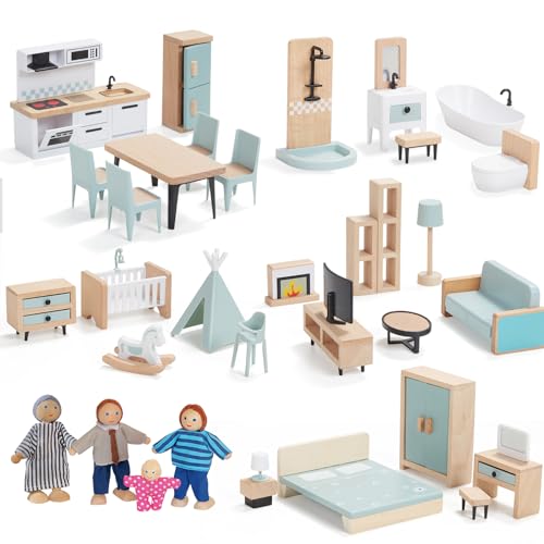 Wooden Dollhouse Furniture Set, 36pcs Furnitures with 4 Family Dolls Wood and Plastic, Blue Dollhouse Accessories Pretend Play Furniture Toys for Boys Girls & Toddlers 3Y+