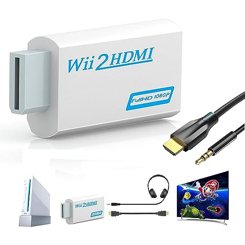 JIUHCORY Wii HDMI Adapter, Wii to HDMI Converter, Connect Wii Console to HDMI Display in 1080p Output Video, Supports All Wii Display Modes.(3.5mm Audio Cable and HDMI Cable are Included)