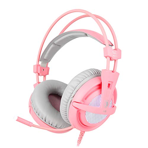 SADES USB 7.1 Stereo Wired Gaming Headphones Over-Ear Headset with Mic Voice Control for Laptop Computer Gamer-Pink