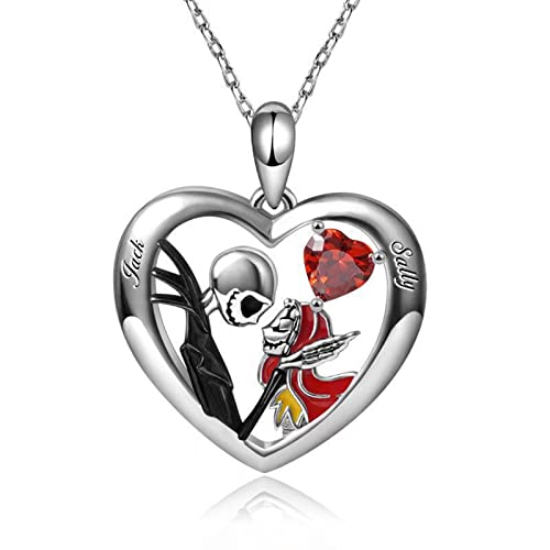 POYAMUSE Jack and Sally Pendant Necklace for Halloween Valentines Day Gift, Heart Crystal Pendant Necklace The Nightmare Before Christmas Jewelry Gift-red crystal