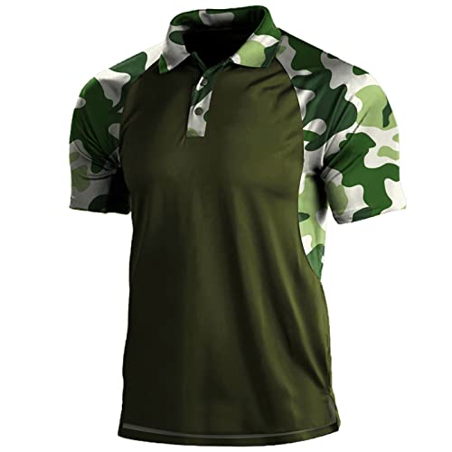 Mens Camouflage Outdoor Polo Shirt Short Sleeves Military Tactical Golf T-Shirts Athletic Moisture Wicking Casual Tees(Green,3X-Large)