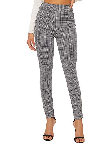 SweatyRocks Women's Casual Skinny Leggings Stretchy High Waisted Work Pants Black White Plaid Large