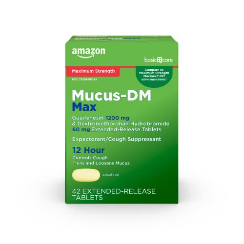 Amazon Basic Care Maximum Strength Mucus DM, Expectorant and Cough Suppressant Extended-Release Tablets, 42 Count