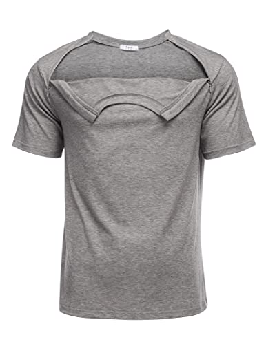 Deyeek Chemo Port Shirts for Men Post Shoulder Surgery Recovery Shirts Tear Away Zipper Shirt Chemotherapy Must Haves Grey