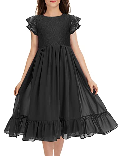 MITILLY Girls Elegant Lace Flower Crew Neck Ruffle Chiffon A-Line Flowy Birthday Party Midi Dress 12 Years Black