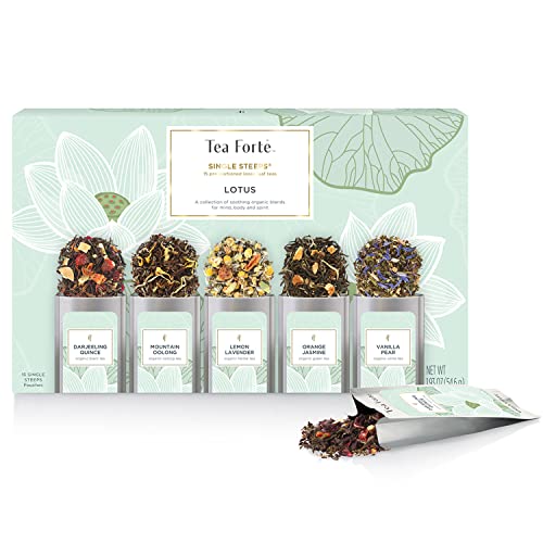 Tea Forte Single Steeps Loose Leaf Tea Sampler, Assorted Variety Box, Single Serve Pouches (Sampler - Lotus), 15 Count (Pack of 1)
