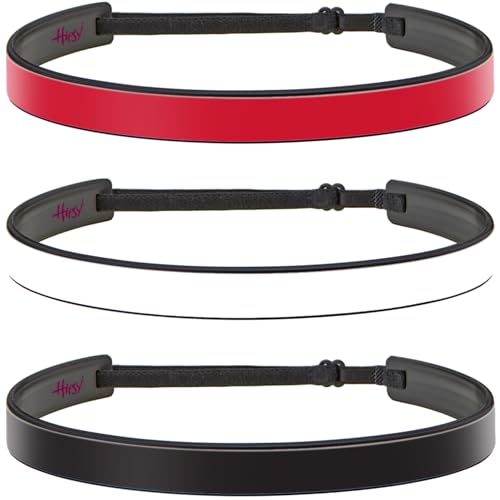 Hipsy Blades 3-Pack Adjustable & Flexible No Slip Solid Basic Headbands Women's Fashion Sports 5/8' Head Bands for Women Girls & Teens (Black/White/Red 3pk)
