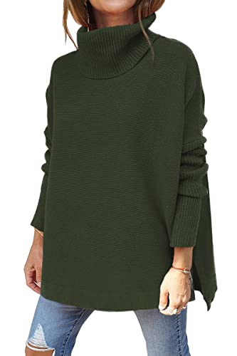 LILLUSORY Cowl Neck Sweaters for Women Pullover Turtleneck Knit Batwing Long High Low Asymmetric Hem Casual Green Jumper Top