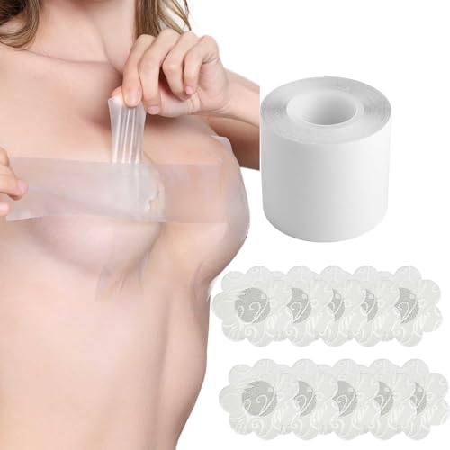 EMOET Transparent Breast Lift Tape and 10 Pcs Lace Petal Backless Nipple Cover Set,Fashion Medical Athletic Body Boop Push Up bob Tape Invisible boobtape Bra for Big Breas and Women Dresses or Clothes