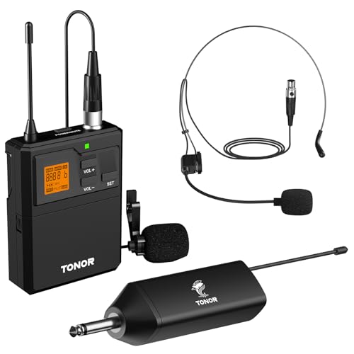 TONOR UHF Wireless Microphone System with Headset Mic/Lavalier Lapel Mic, Bodypack Transmitter, Rechargeable Receiver, 15 Channels 200ft Range 1/4' Output for Recording Live Performance PA Speaker