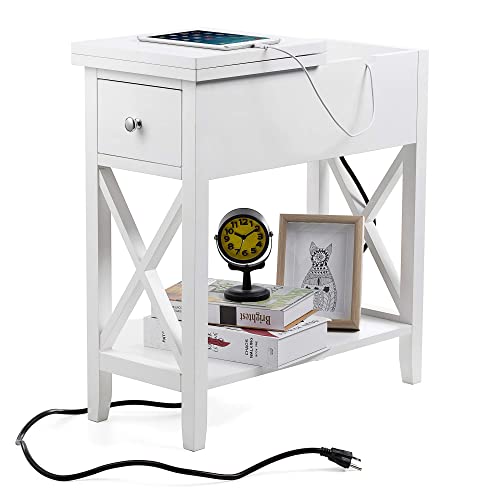 ChooChoo End Table with Charging Station, Narrow Side Table with USB Ports and Outlets, Nightstand with Drawer, for Small Spaces, Bedside Tables for Living Room White