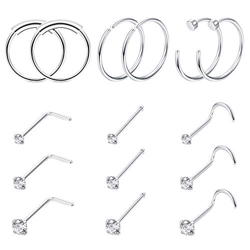 FINREZIO 15PCS 22G Surgical Steel Nose Rings Hoop Studs Cartilage Earrings Body Piercing Jewelry 1.5mm 2mm 2.5mm CZ Silver Tone