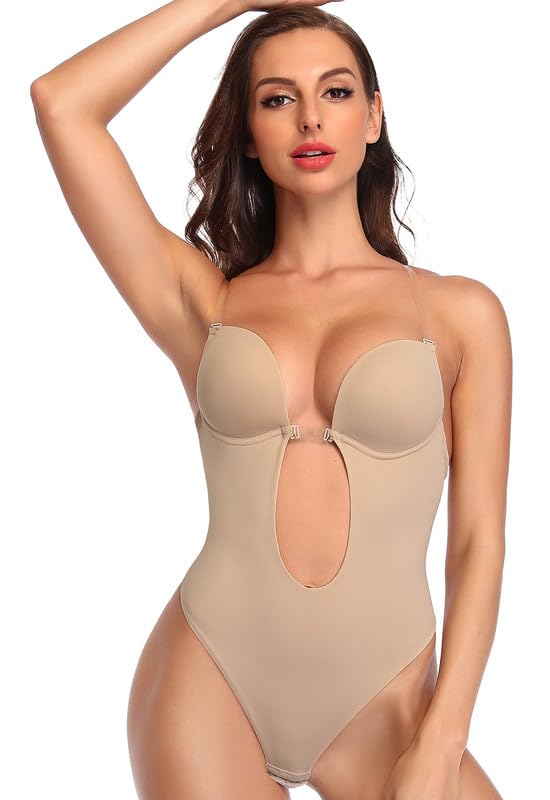 SHAPERIN Women's Backless Body Shaper Bra U Plunge Seamless Low Back Thong Shapewear Deep V Full Body Bodysuit (Small,Nude)