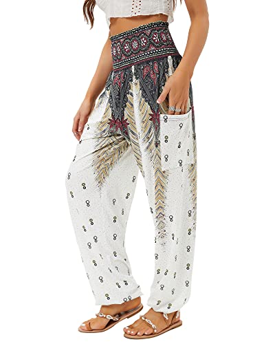 QIANXIZHAN Women's Harem Pants, High Waist Yoga Boho Trousers with Pockets White XL