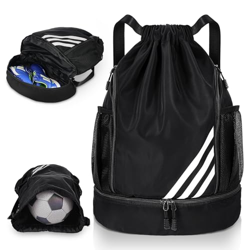 Ball Bag Drawstring Backpack Gymbag Water Resistant Sports Sackpack with Shoe Compartment,Multiple Pockets Soccer Bag with Zipper,Basketball Bag Suitable for Travel or Fitness