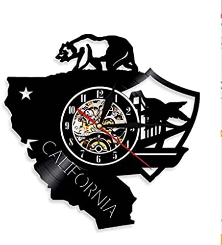 Wall Decoration Clock 12Inch/30Cm California State Flag Wall Art Decor Clock Modern Design 3D Wall Watch California Bear Emblem Vinyl Record Time Clock Decoration