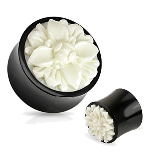 Zaya Body Jewelry Pair of Black Organic Buffalo Horn Plugs Gauges Ear White Flower 0g 00g 1/2 8mm 10mm 12mm (00g)