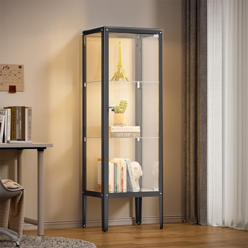 Ryoko Glass Display Cabinet with Adjustable 3-Shelf Shelves, Glass Cabinet with Lock and Door, LED Light, Curio Cabinets Lego Metal Storage Display Case for Living Room Bedroom Office - Dark Grey