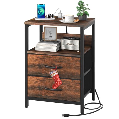 Yoobure Nightstand with Charging Station, Small Night Stand with Fabric Drawers and Storage Shelf for Bedrooms, Small Spaces, Bedside Table with USB Ports & Outlets