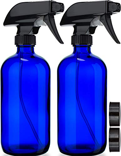 Empty Blue Glass Spray Bottles (2 Pack) - BPA Free - Large 16 oz Refillable Bottle for Plants, Pets, Essential Oils, Cleaning Products - Black Trigger Sprayer w/Mist and Stream Settings