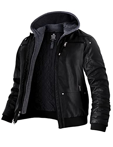 wantdo Men's Winter Warm Leather Jacket with Removable Hood Black Medium(Thick)